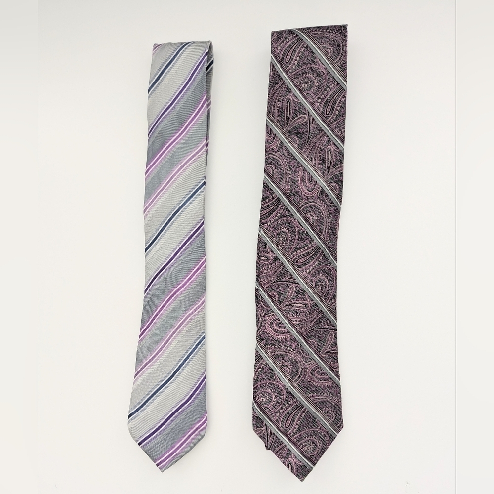 2 Men's Ties Set - Purple, Pink, Gray, Silver Color Pallet w/ Paisley & Stripes